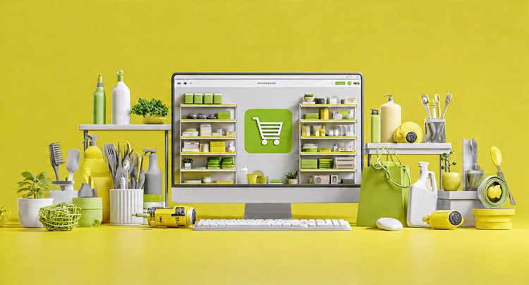 Yellow kitchenware and cleaning products on a yellow background with a computer screen displaying an e-commerce website.